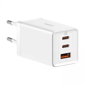 Baseus GaN5 Pro 65W fali töltő — USB + 2×USB-C (QC3.0, PD3.0) 1 m USB-C kábellel, fehér