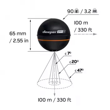 Deeper Smart Sonar PRO+ 2 Castable Fish Finder, 100/240/675 kHz, 100 m Depth, Wi-Fi, GPS, up to 9 h, Black