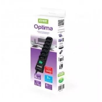 EVER Optima T/LZ08-OPT030/0000 Surge Protector Power Strip, 6 AC Outlets, 3 m, 250 V, Child Protection, Switch, Black