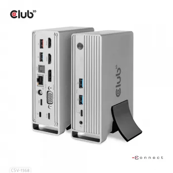 CLUB3D CSV-1568 dokkolóállomás, fémház, USB Gen2 Type-C, USB Gen2 Type-A, HDMI, DP, VGA, RJ45, 120W