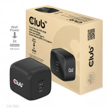 CLUB3D utazási töltő PPS 45W GaN technológia, kétportos USB Type-C, Power Delivery (PD) 3.0 támogatás