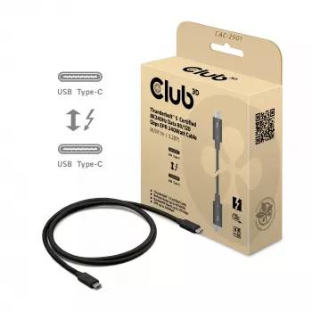 CLUB3D Thunderbolt™ 5 tanúsított kábel, 8K240Hz, adat 80/120 Gbps, EPR 240 Watt, M/M, 1m / 3,28ft