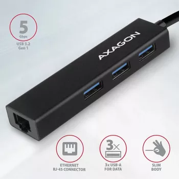 Axagon HMA-GL3A többportos hub USB 3.0 Type A Gbit-LAN 3x USB-A microSD vezetékes USB 3.2 Gen 1 (3.1 Gen 1) Type-A fekete