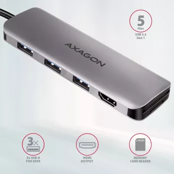 Axagon HMC-HCR3A 3x USB-A + HDMI + SD/microSD USB-C 3.2 Gen 1 hub 20 cm vezetékes USB 3.2 Gen 1 (3.1 Gen 1) Type-C szürke