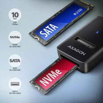 AXAGON ADM2-AM SSD-ház USB-A 10 Gbit/s egyetlen M.2 NVMe/SATA-meghajtóhoz, USB 3.2 Gen 2, 10 cm kábel, fekete