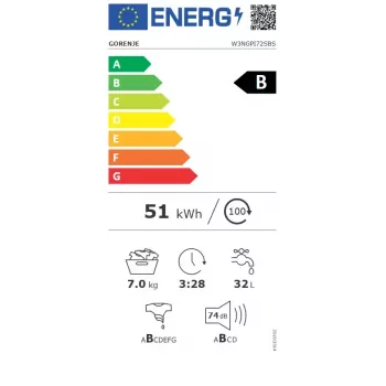 Washing machine Gorenje W3NGPI72SBS front load 7 kg, 1200 RPM, LCD, steam, 59.5×43.5 cm, Energy class B