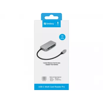 Sandberg USB-C Multi Card Reader Pro, CF, MMC, MicroSD (TransFlash), SD, SDHC, SDXC, xD, Black, USB 3.2 Gen 1 (3.1 Gen 1) Type-C, 1 pc(s), 82 mm, 23 mm
