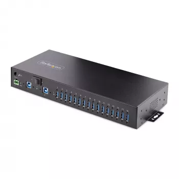 StarTech.com 16 portos ipari USB 3.0 hub 5Gbps, fém, DIN-/felületi-/rack rögzítés, ESD-védelem, sorkapocs tápellátás, akár 120 W közös USB-töltés, dual-host hub/switch