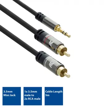 ACT 5 méter kiváló minőségű audiokábel 1x 3,5 mm jack dugó – 2x RCA dugó