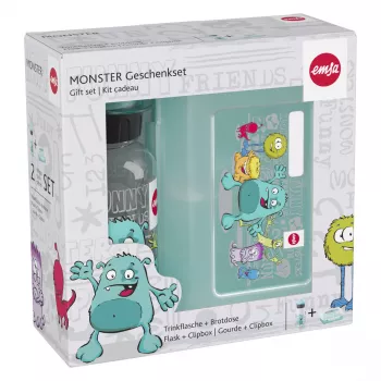 EMSA 518138 Kids Set Monster, 0.4 l Drinking Bottle with Lunch Box, Turquoise
