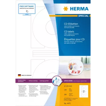 CD labels HERMA A4 Ø 116 mm white paper matt opaque 200 pcs