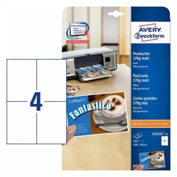 Avery Zweckform C32252-25 Two-Sided Perforated Postcards, 148 x 105 mm, 170 g/m², Matt White, 100 Cards