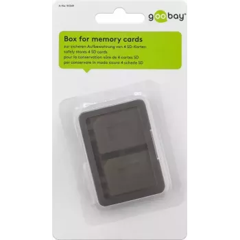 Memory card storage box GOOBAY 95349 — holds 4 cards, compatible with SD/MicroSD/MMC, grey transparent plastic