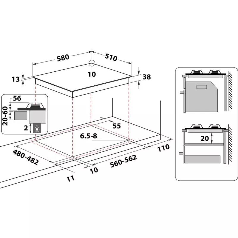Whirlpool TGML 650 IX rozsdamentes acél beépíthető 58 cm gáz 4 főzőzóna