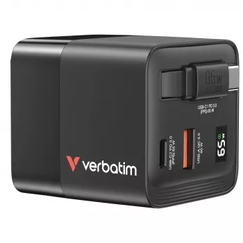 Verbatim GaN töltő 65 W 2 port visszahúzható kábellel, kijelzővel, US-dugóval, valamint EU- és UK-adapterrel