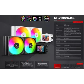 Mars Gaming ML-VISION240W AIO Liquid CPU Cooler, 240 mm, RGB, White