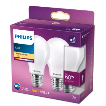 LED filament bulb Philips A60 E27 7W (equiv. 60W), 2700K, 806 lm, frost — pack of 2