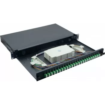 Helos 375555 19 inch optikai szálas hegesztődoboz, 24x LC/APC Duplex OS2, hegesztésre kész, fekete