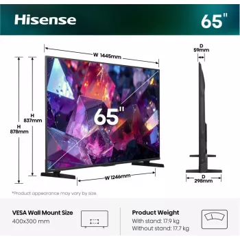 Hisense 65E7S PRO TV 165.1 cm (65 inch) UHD+ Smart TV Wi-Fi Black 350 cd/m²