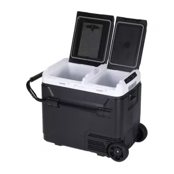 HCALORY P50M+ Car Cooler with Bluetooth, 50L, -20°C to +20°C, DC 12/24V & AC 100-240V, 60W, R134a, LCD Display, App Control, Battery Protection, Wheels, Telescopic Handle, LED Light, USB Port, CE/RoHS/FCC