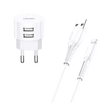 usams T20 töltő 2x USB 2.1A Lightning-kábellel – hordozható USB fali töltő