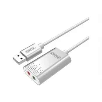 Unitek Y-247A USB sztereó hangkártya, USB 2.0 Type-A 2x 3,5 mm-es jackre, alumínium, 47 x 28 mm, ezüst