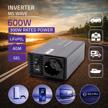 Qoltec MS Wave Power inverter 12V-ról 230V-ra 300/600W USB kompatibilis LiFePO4 GEL AGM-mel