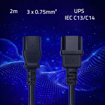 QOLTEC tápkábel IEC C13 C14 3x0,75mm² vörösréz 1,8m fekete