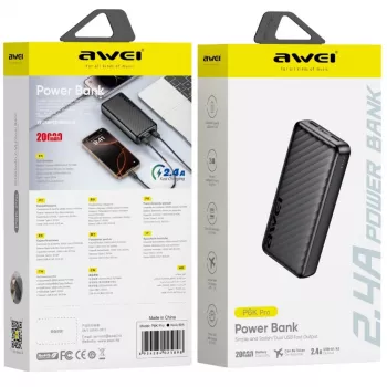 AWEI P6K Pro Power Bank 20000mAh 2xUSB-A/USB-C fekete