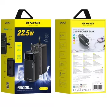 AWEI PA-107 Power Bank 50000mAh 22.5W PD 3xUSB fekete
