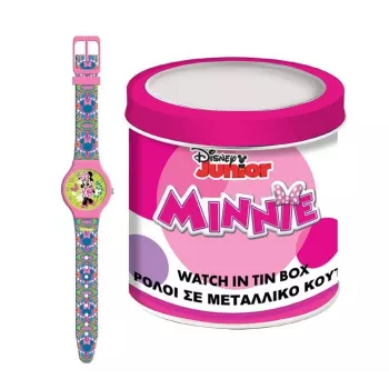 PULIO analóg óra bádogdobozban - Disney Minnie Mouse, rózsaszín PU-bőr szíj, kvarcszerkezet, 30 mm-es fémház, fröccsenő víz ellen védett, 6 éves kortól lányoknak