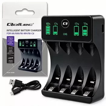 Qoltec 50968 NiMH akkumulátortöltő AA/AAA elemekhez LCD-vel és USB-C kábellel, fekete