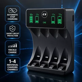 Qoltec 50968 NiMH akkumulátortöltő AA/AAA elemekhez LCD-vel és USB-C kábellel, fekete