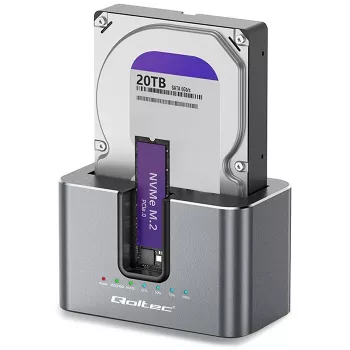 Qoltec 2in1 HDD SSD dokkoló SATA M.2 NVMe klónozó funkcióval, USB-C 3.2 Gen 2, 10Gbps, akár 28TB, alumínium
