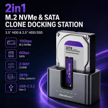 Qoltec 2in1 HDD SSD dokkoló SATA M.2 NVMe klónozó funkcióval, USB-C 3.2 Gen 2, 10Gbps, akár 28TB, alumínium