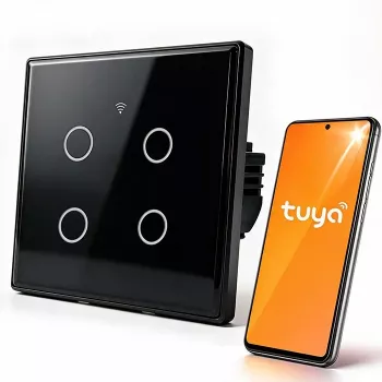 Qoltec okos érintős fali kapcsoló 4 csatornás Wi-Fi időzítő Tuya | edzett üveg | fehér