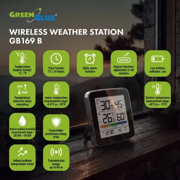 GREENBLUE GB169 B rádiós időjárás-állomás színes kijelzővel és külső érzékelővel