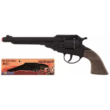 PULIO cowboy revolver fém 8 lövetű durranópisztoly - fekete/ezüst barna markolattal