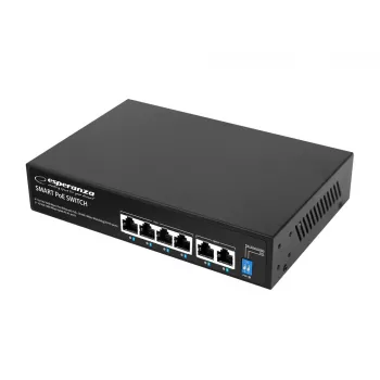 ESPERANZA 6 portos PoE+ Gigabit switch 65W GOLIATH (4 PoE+ port, 2 uplink, 12 Gbps, ventilátor nélküli fém)