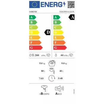 Gorenje WDG2PS954A1D2/PL mosó-szárítógép, 9 kg mosás / 6 kg szárítás, 1400 ford/perc, A energiahatékonysági osztály, fehér