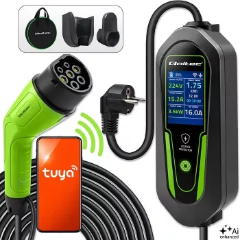Qoltec hordozható EV töltő Type 2 - Schuko 3,5 kW 16 A 5 m kábellel, Wi-Fi-vel és LCD-vel