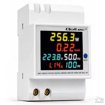 Qoltec egyfázisú 6 az 1-ben DIN-sínes energiamérő 100A CT-vel, 230V, LCD, impulzuskimenet