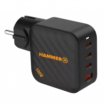 HAMMER RapidCharge 100W GaN tápegység, 2x USB-C PD 100W + 1x USB-A QC 30W, fekete