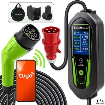 Qoltec Type 2 EV töltő állítható áramerősséggel, 7 kW, 230 V, CEE 32 A, Wi-Fi, Tuya Smart Life, LCD, 5 m kábel