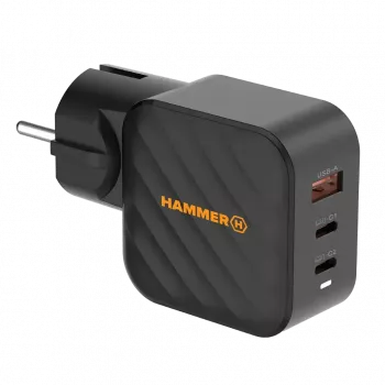 HAMMER RapidCharge 65W GaN tápegység - 2x USB-C PD, 1x USB-A QC, fekete