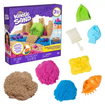 Kinetic Sand Beach Adventure készlet – 907 g homok 3 színben, formákkal, szerszámokkal és játéktállal