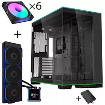 Lian Li O11D EVO RGB PC ház csomag + HydroShift II LCD-S 360TL AiO + 6x UNI FAN SL-INF 120 Reverse Blade ventilátor + UNI HUB SL-INF - fekete
