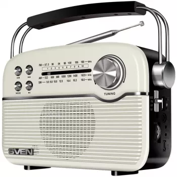 SVEN SRP-500 Portable Bluetooth Speaker, White (3W, FM/AM/SW Radio, USB, microSD, AUX, Battery)
