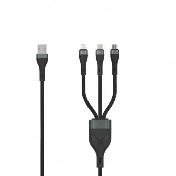 SEEK TOTI USB-A – Micro-USB / USB-C / Lightning 1,5m fonott kábel 2A (Non-MFI), fekete