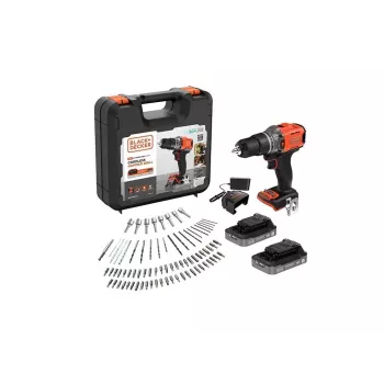 BLACK & DECKER 18V akkumulátoros ütvefúró-csavarozó 2 x 2,0 Ah akkumulátorral, töltővel és 80 tartozékkal